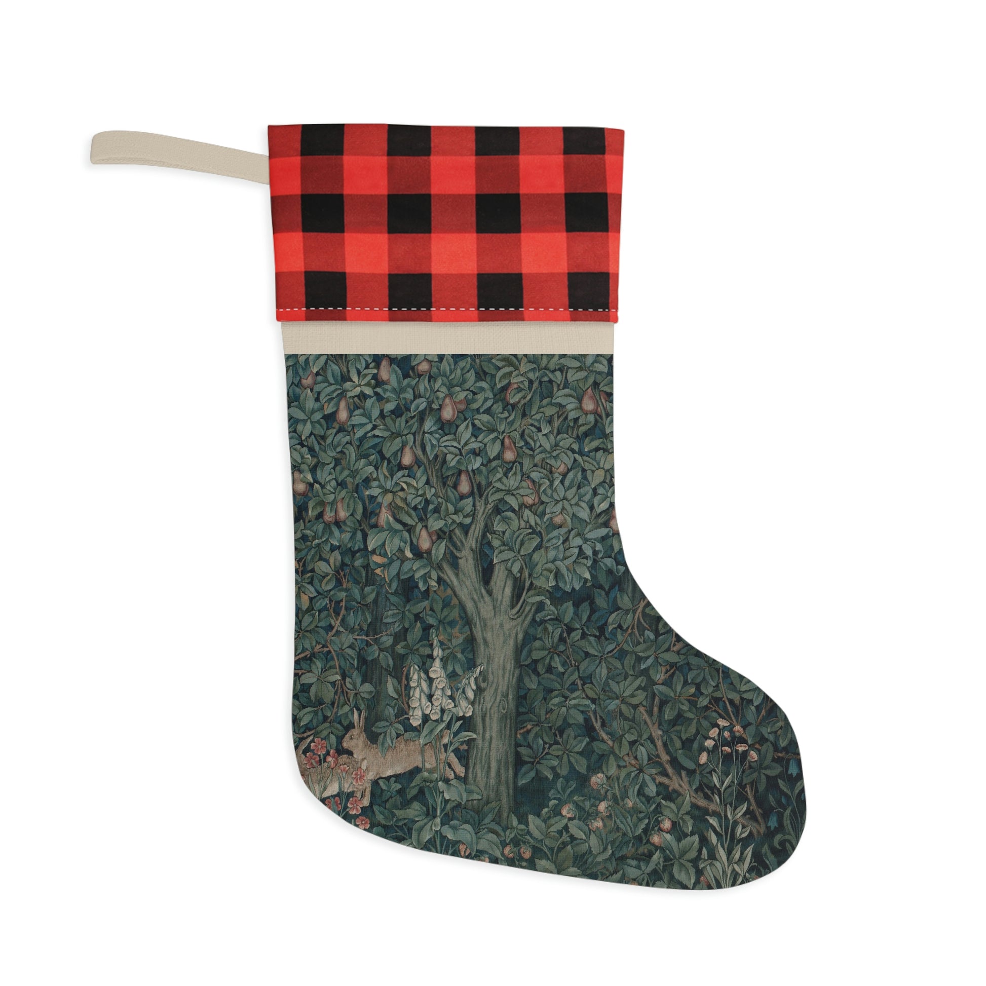 A Christmas stocking with a red and black plaid design at the top and a green and white floral design in the bottom. It features an animal (rabbit) and has a hanging loop.