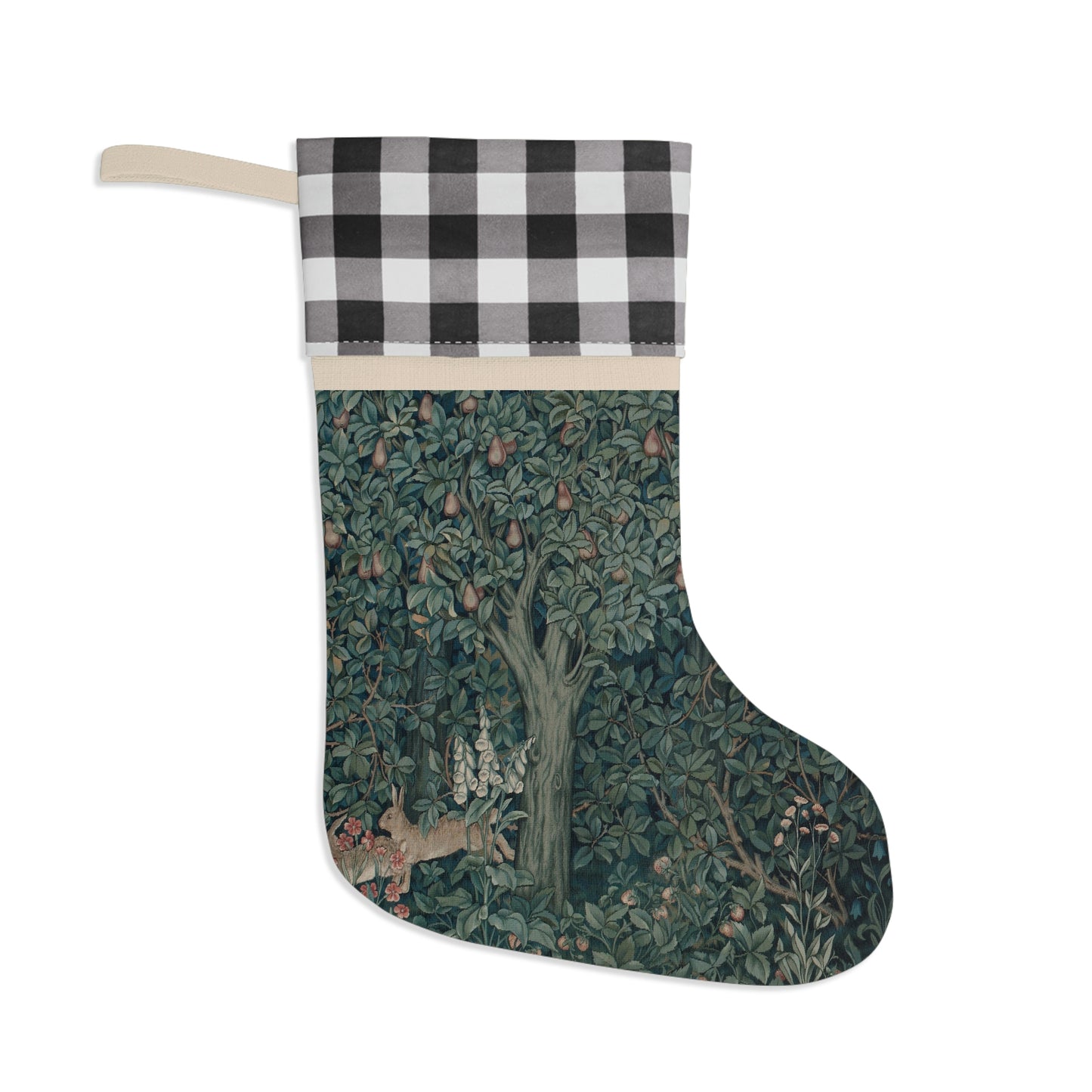A Christmas stocking with a red and black plaid design at the top and a green and white floral design in the bottom. It features an animal (rabbit) and has a hanging loop.
