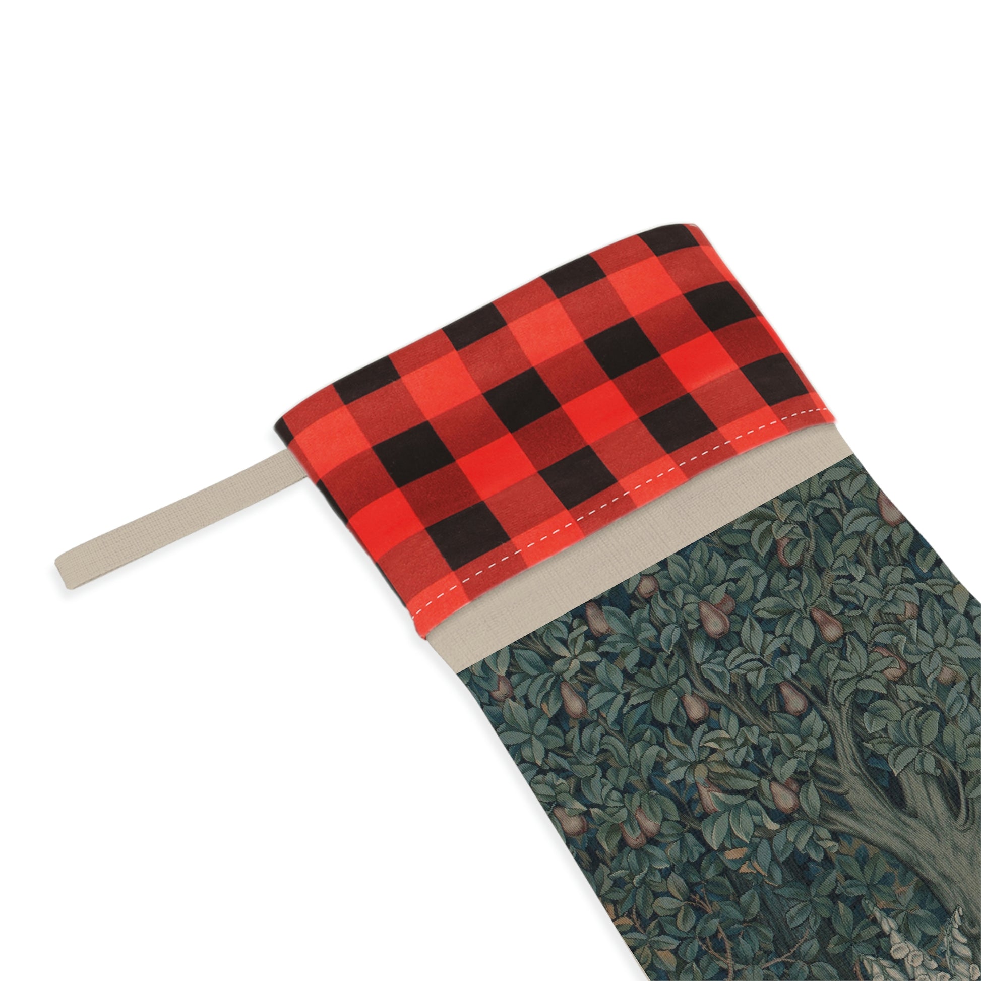 A Christmas stocking with a red and black plaid design at the top and a green and white floral design in the bottom. It features an animal (rabbit) and has a hanging loop.