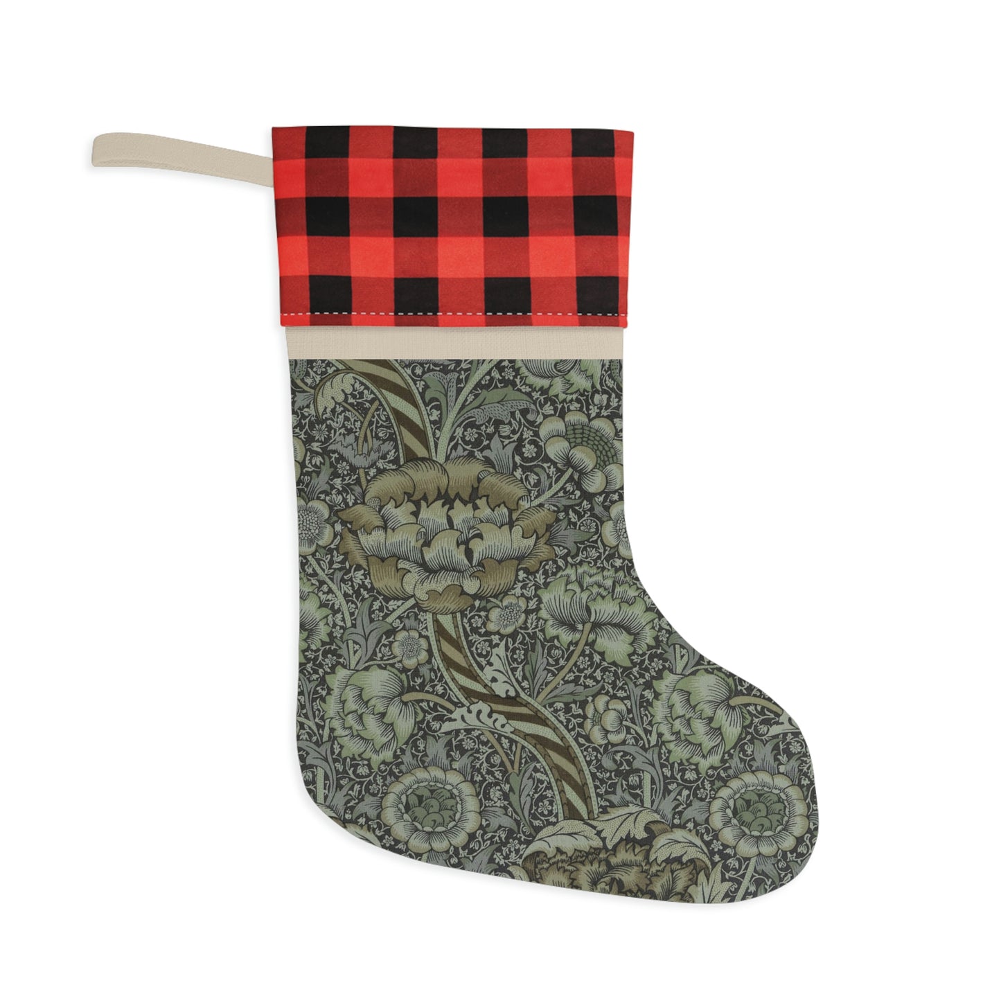 A one-sided print Christmas stocking with a black and white plaid design at the top and a floral pattern in the middle section, and a beige bottom cuff in a William Morris & Co pattern..