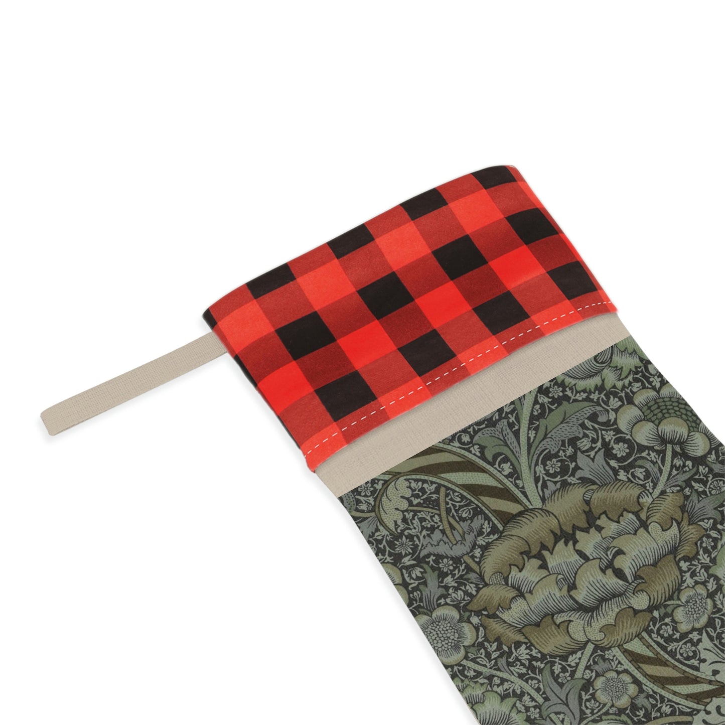 A one-sided print Christmas stocking with a black and white plaid design at the top and a floral pattern in the middle section, and a beige bottom cuff in a William Morris & Co pattern..