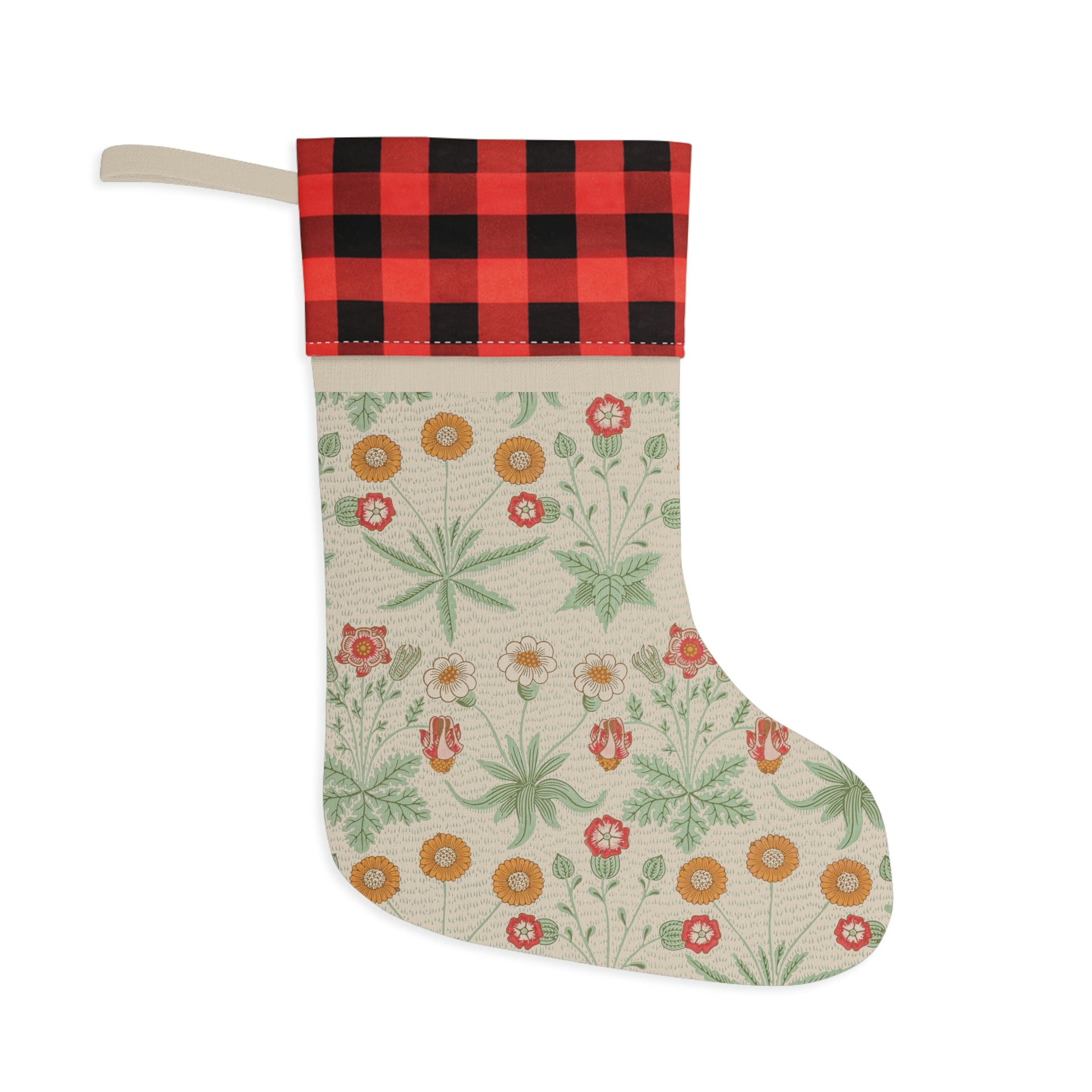 A Christmas stocking with a floral William Morris & Co pattern in red and green colours, featuring a red and black checkered cuff at the top.