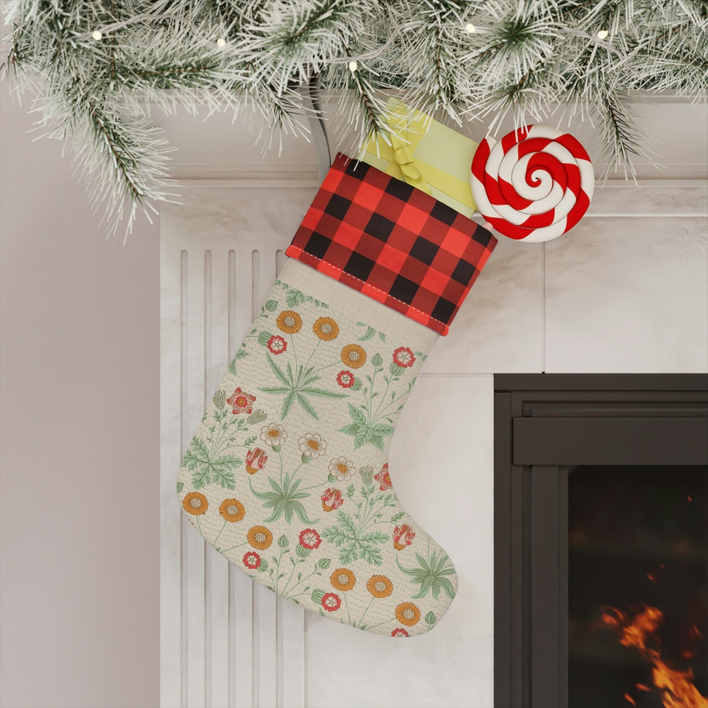 A Christmas stocking with a floral pattern in red and green colors, featuring a red and black checkered cuff at the top.