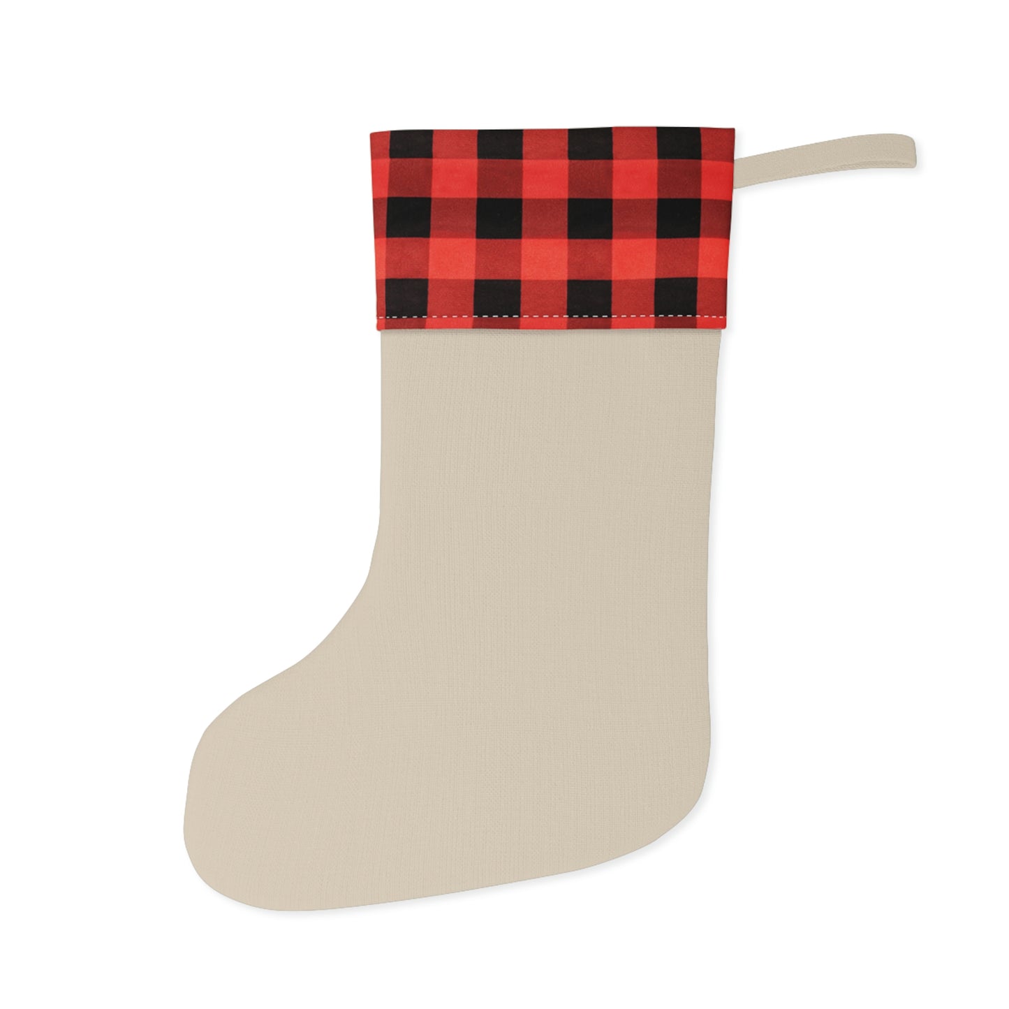A Christmas stocking with a floral William Morris & Co pattern in red and green colours, featuring a red and black checkered cuff at the top.