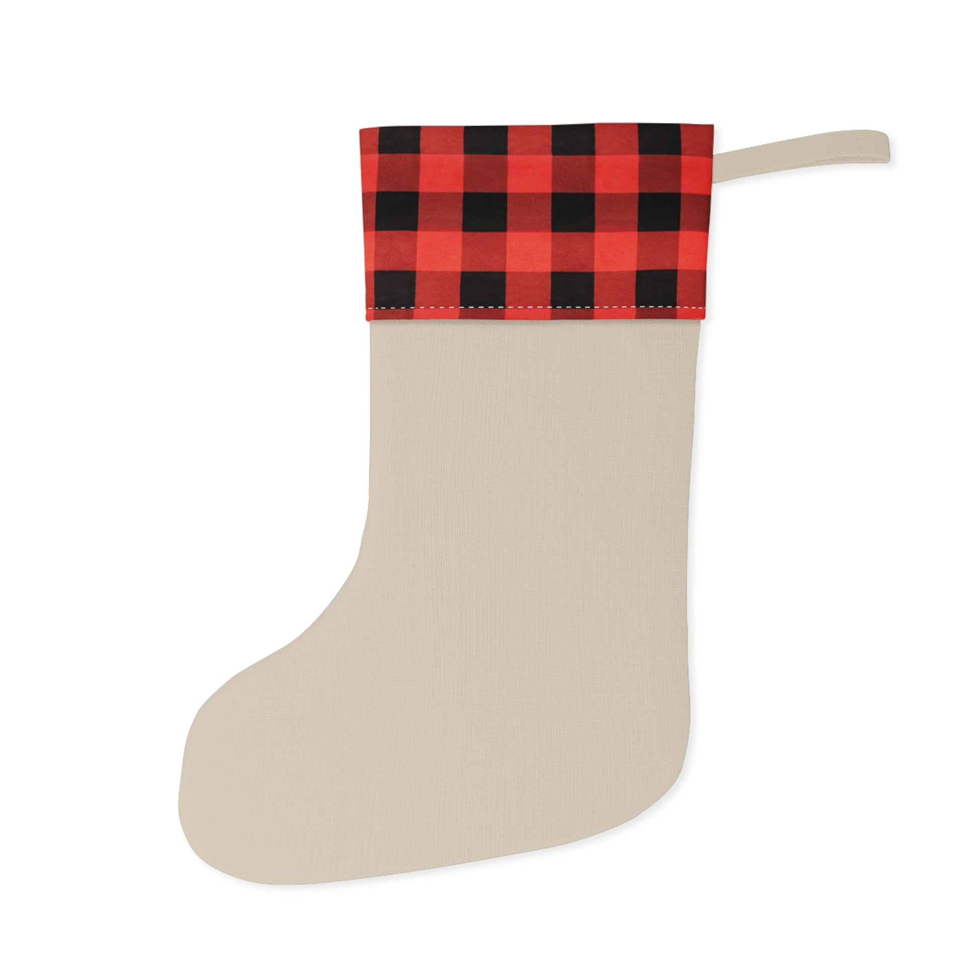 A Christmas stocking with a floral William Morris & Co pattern in red and green colours, featuring a red and black checkered cuff at the top.