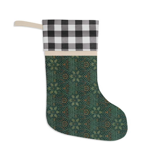 A one-sided print Christmas stocking with a geometric William Morris & Co pattern in green, brown, and beige colours, featuring a burlap texture and a polyester plaid design top cuff.