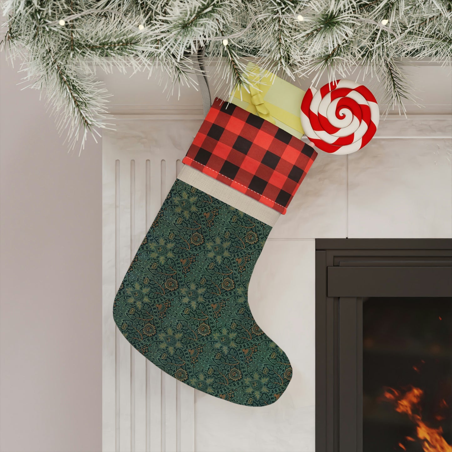 A one-sided print Christmas stocking with a geometric William Morris & Co pattern in green, brown, and beige colours, featuring a burlap texture and a polyester plaid design top cuff.