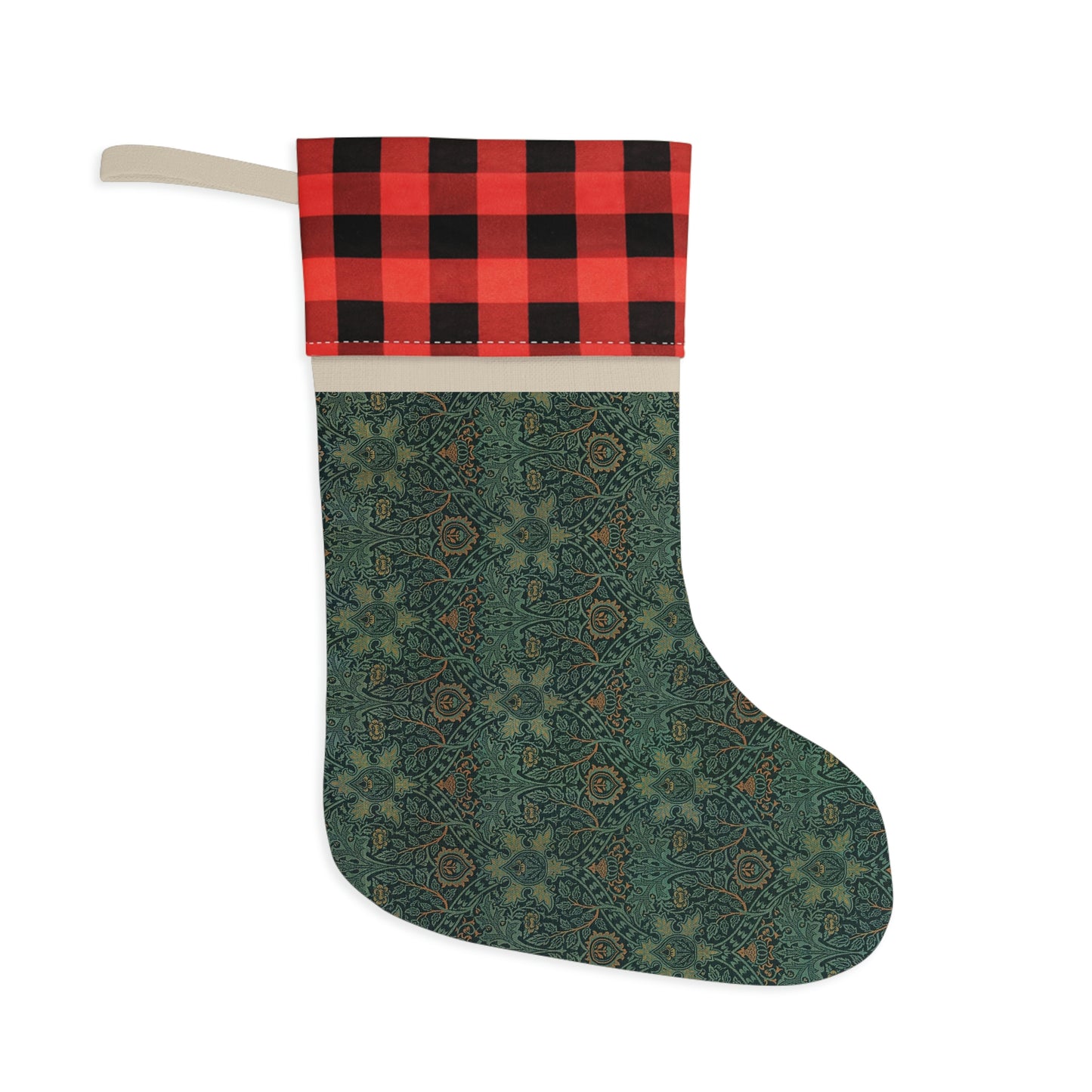 A one-sided print Christmas stocking with a geometric William Morris & Co pattern in green, brown, and beige colours, featuring a burlap texture and a polyester plaid design top cuff.