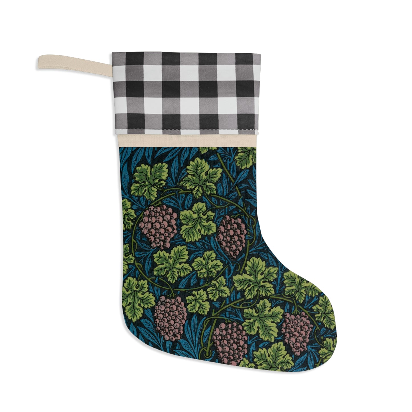 A one-sided printed Christmas stocking with a William Morris & Co floral vine design in shades of green, blue, and beige, featuring a black and white checkered cuff.