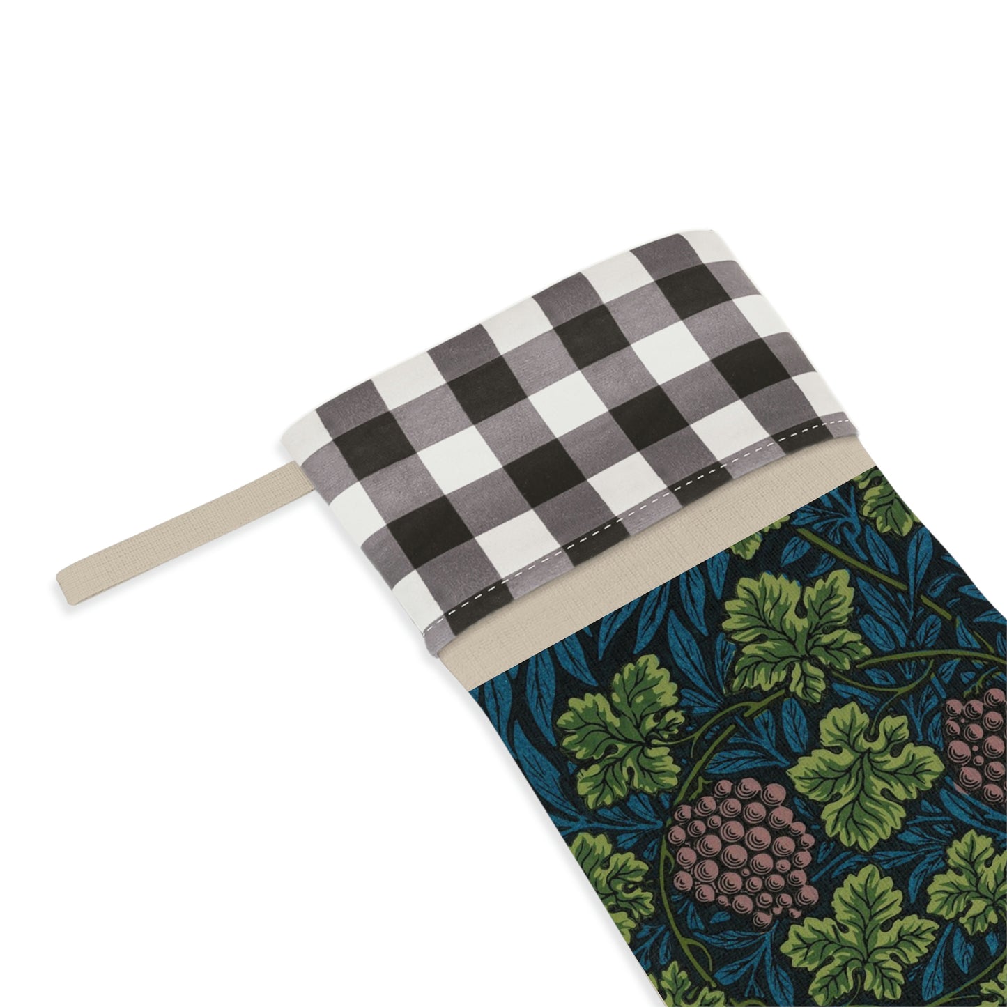 A one-sided printed Christmas stocking with a William Morris & Co floral vine design in shades of green, blue, and beige, featuring a black and white checkered cuff.