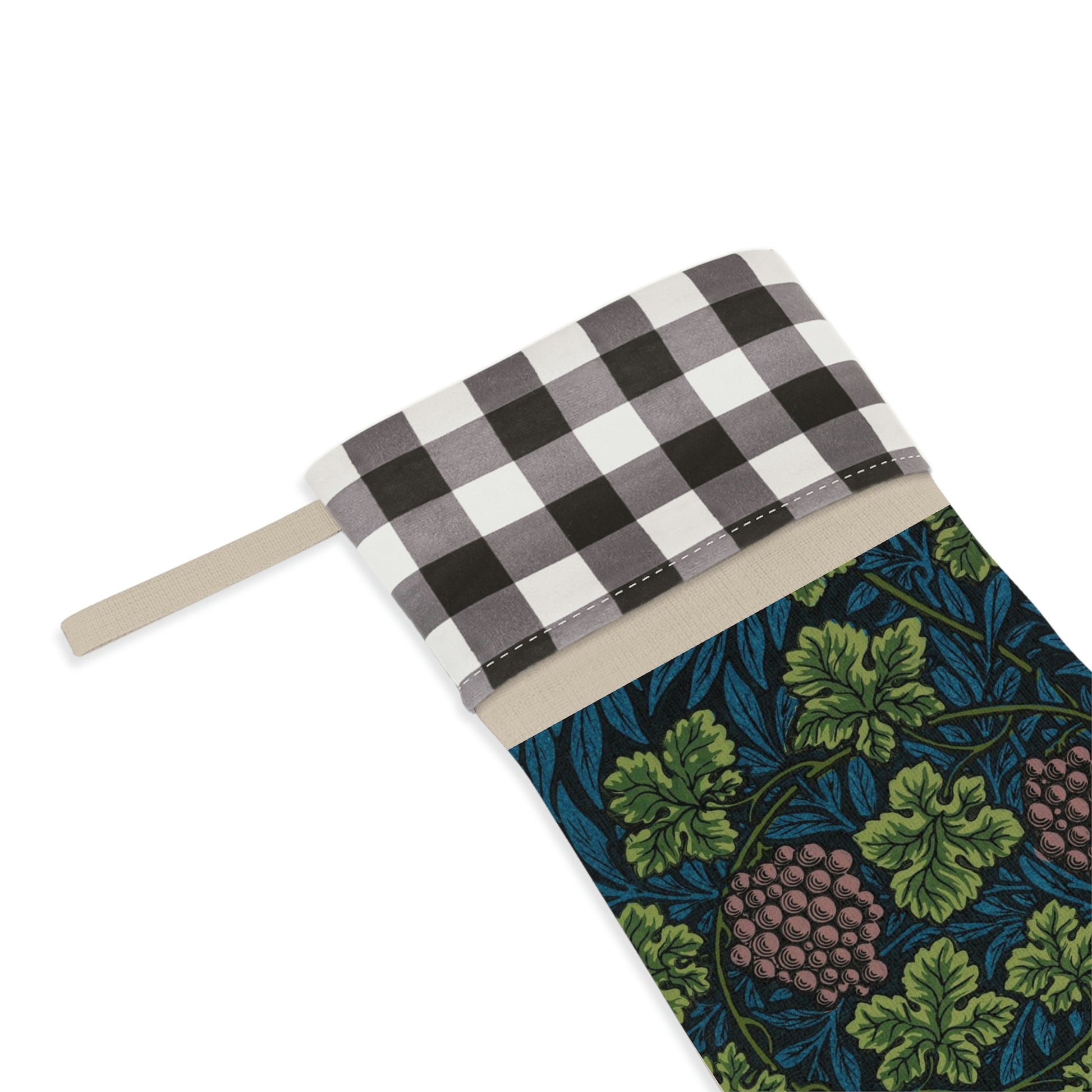 A one-sided printed Christmas stocking with a William Morris & Co floral vine design in shades of green, blue, and beige, featuring a black and white checkered cuff.
