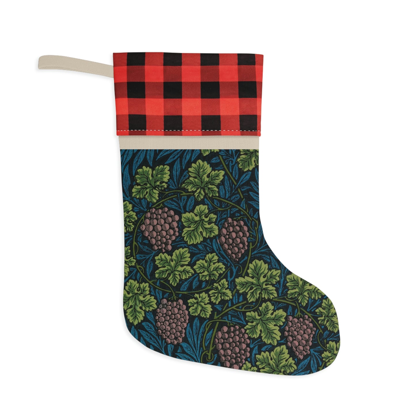 A one-sided printed Christmas stocking with a William Morris & Co floral vine design in shades of green, blue, and beige, featuring a black and white checkered cuff.