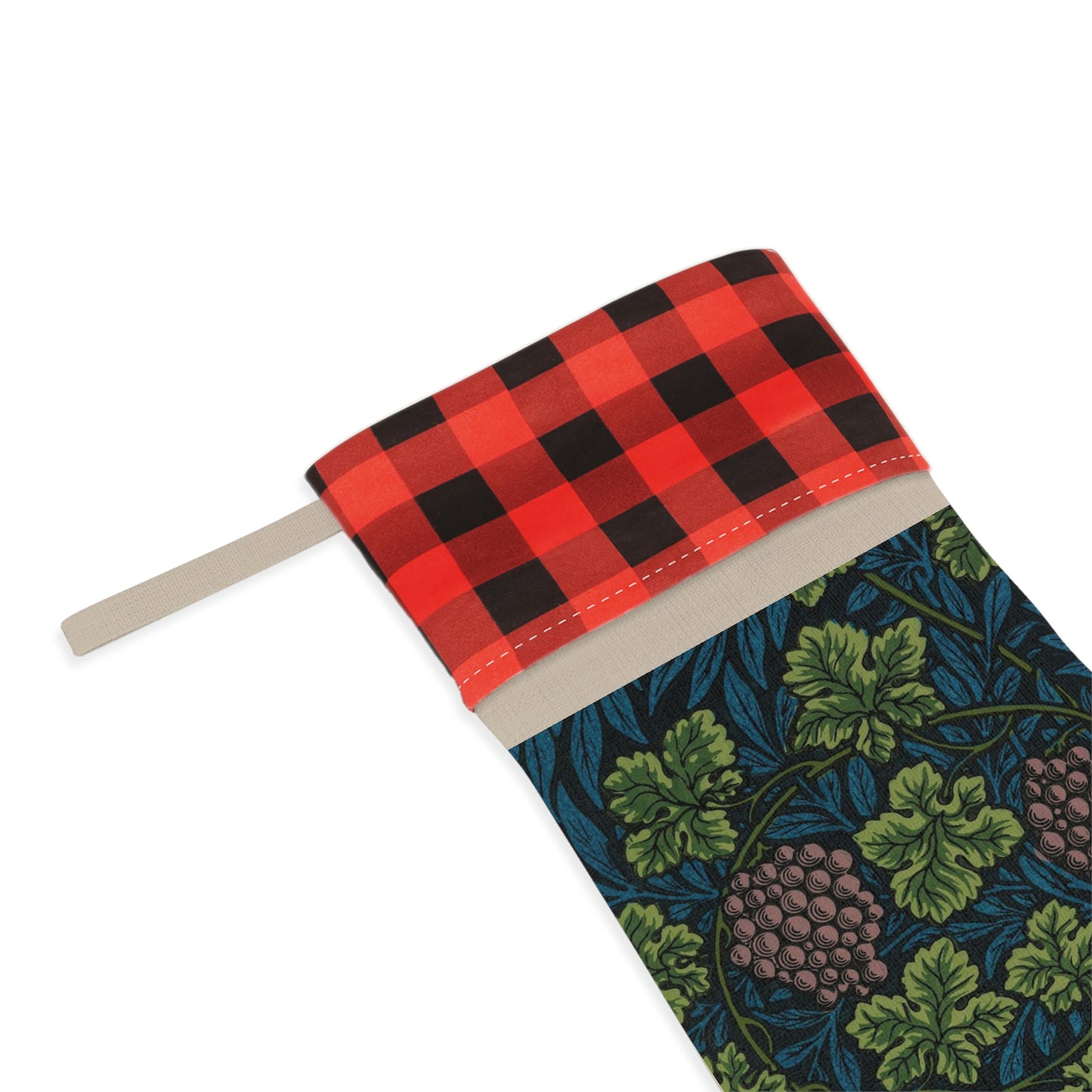 A one-sided printed Christmas stocking with a William Morris & Co floral vine design in shades of green, blue, and beige, featuring a black and white checkered cuff.