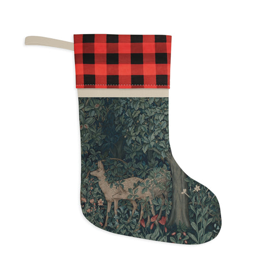 A Christmas stocking with a red and black plaid design at the top and a floral and animal pattern in the bottom section, inspired by William Morris - Greenery Collection.