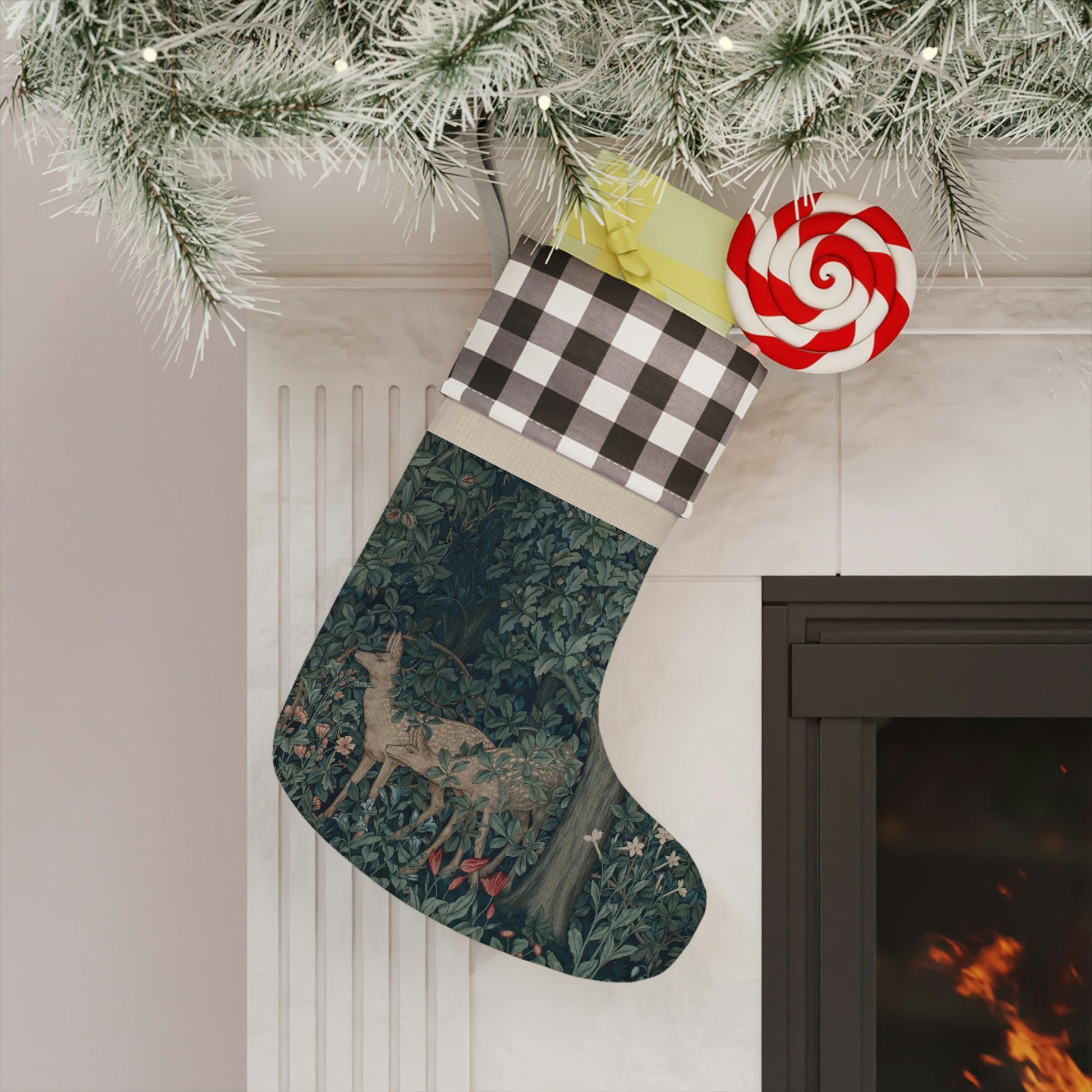 A Christmas stocking with a red and black plaid design at the top and a floral and animal pattern in the bottom section, inspired by William Morris - Greenery Collection.
