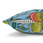 Cushion Cover in a floral pattern by William Morris & Co called Four Fruits Collection (Sky) in blue, green, red and yellow