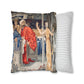 Cushion Cover for William Morris & Co by Edward Burne-Jones from a woollen tapestry called Holy Grail Collection (Feast) in Gold, Red and Blue