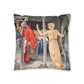 Cushion Cover for William Morris & Co by Edward Burne-Jones from a woollen tapestry called Holy Grail Collection (Feast) in Gold, Red and Blue