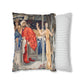 Cushion Cover for William Morris & Co by Edward Burne-Jones from a woollen tapestry called Holy Grail Collection (Feast) in Gold, Red and Blue