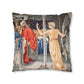 Cushion Cover for William Morris & Co by Edward Burne-Jones from a woollen tapestry called Holy Grail Collection (Feast) in Gold, Red and Blue