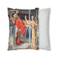 Cushion Cover for William Morris & Co by Edward Burne-Jones from a woollen tapestry called Holy Grail Collection (Feast) in Gold, Red and Blue