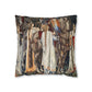 Cushion Cover for William Morris & Co by Edward Burne-Jones from a woollen tapestry called Holy Grail Collection (Feast) in Gold, Brown, Red and Blue