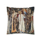Cushion Cover for William Morris & Co by Edward Burne-Jones from a woollen tapestry called Holy Grail Collection (Feast) in Gold, Brown, Red and Blue