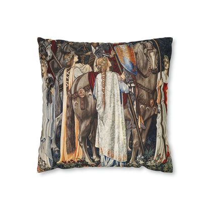 Cushion Cover for William Morris & Co by Edward Burne-Jones from a woollen tapestry called Holy Grail Collection (Feast) in Gold, Brown, Red and Blue