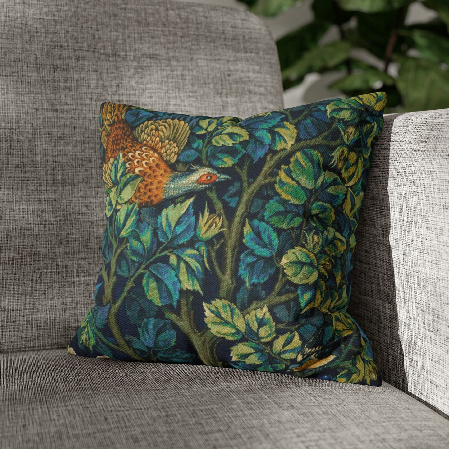 Cushion Cover created by William Morris & Co in a floral pattern called Pheasant and Squirrel Collection (Pheasant) - Blue