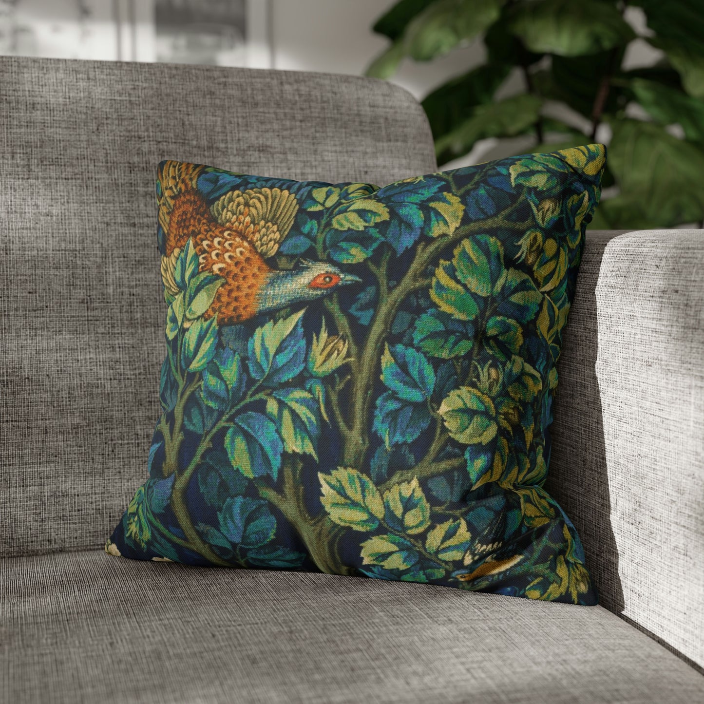 Cushion Cover created by William Morris & Co in a floral pattern called Pheasant and Squirrel Collection (Pheasant) - Blue