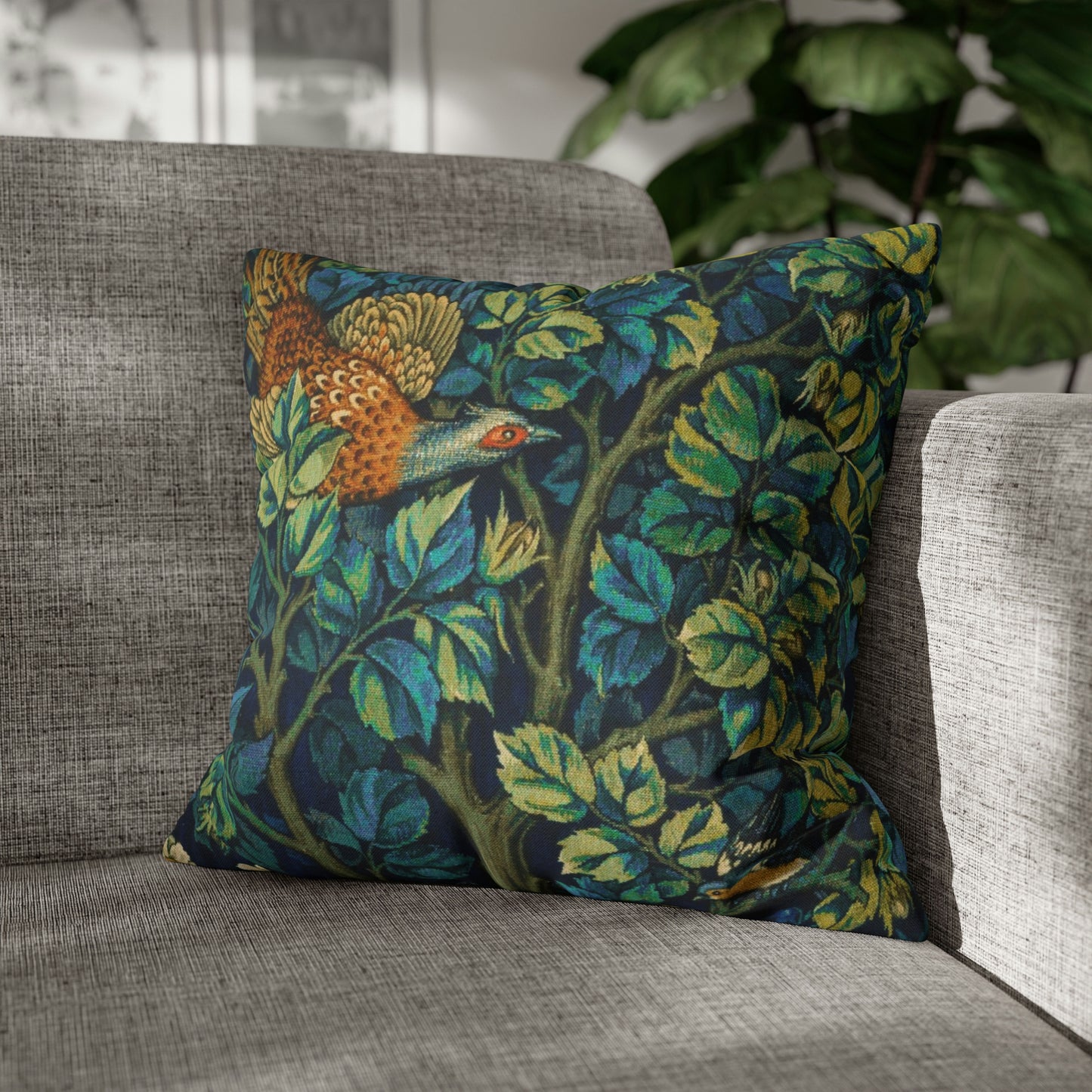 Cushion Cover created by William Morris & Co in a floral pattern called Pheasant and Squirrel Collection (Pheasant) - Blue