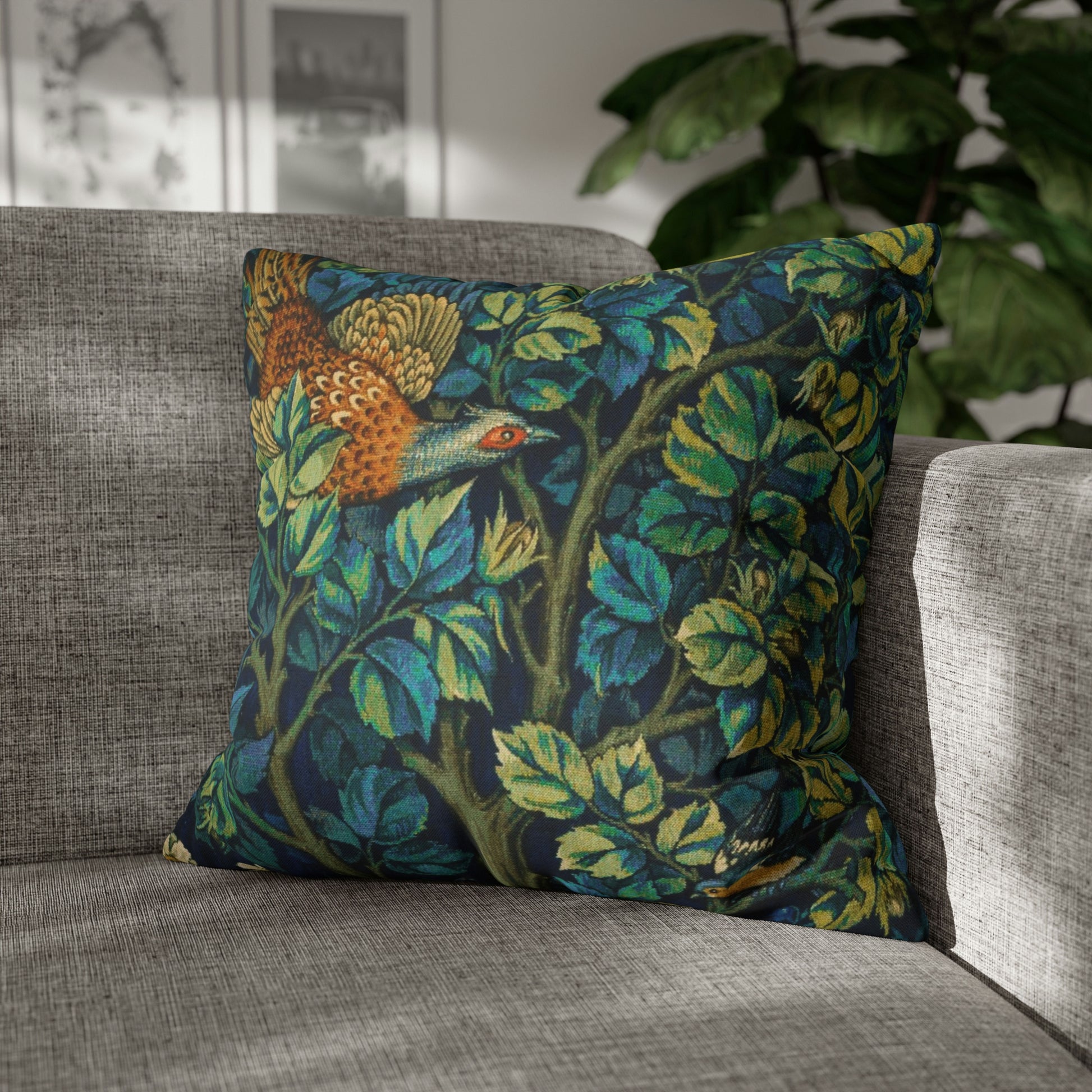 Cushion Cover created by William Morris & Co in a floral pattern called Pheasant and Squirrel Collection (Pheasant) - Blue