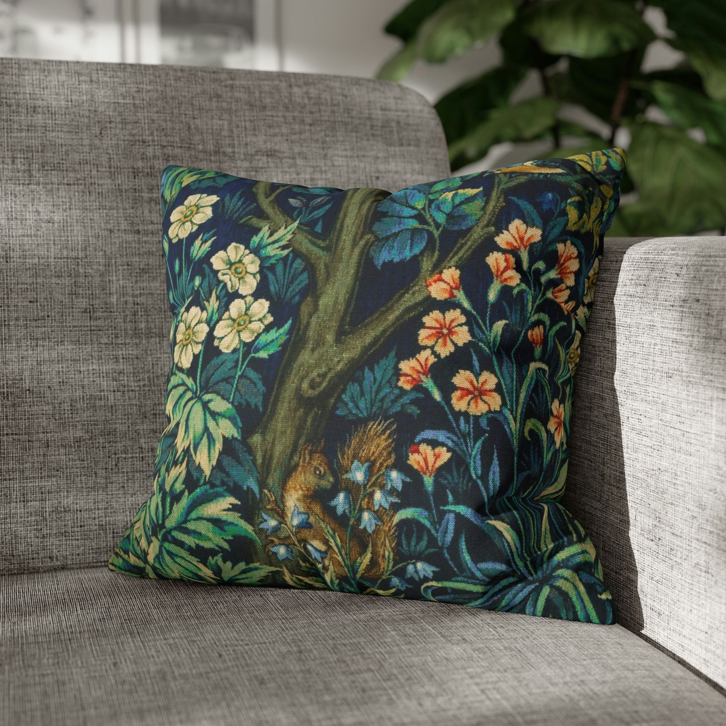 Cushion Cover inspired by William Morris - Pheasant and Squirrel Collection (Squirrel) - Blue