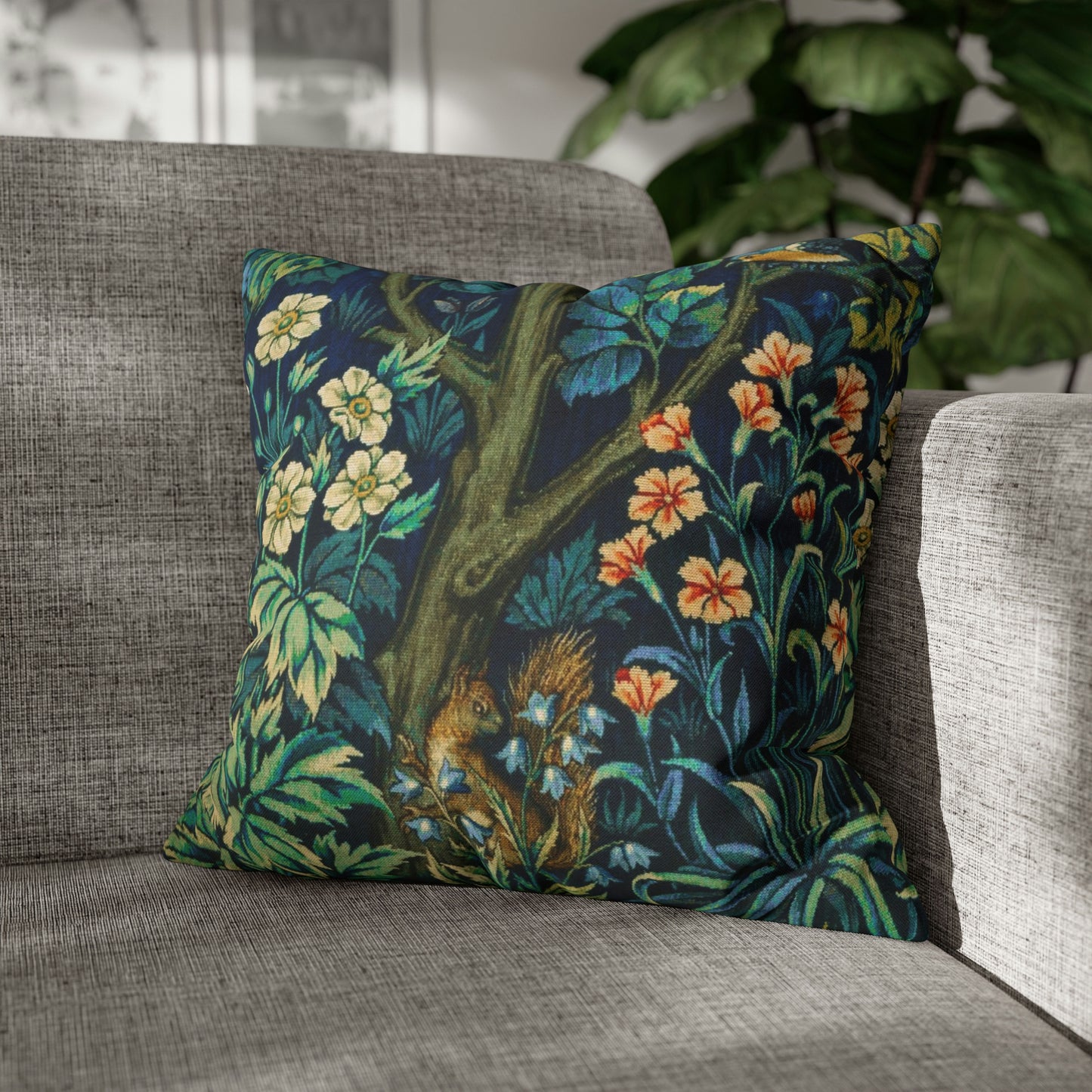 Cushion Cover inspired by William Morris - Pheasant and Squirrel Collection (Squirrel) - Blue