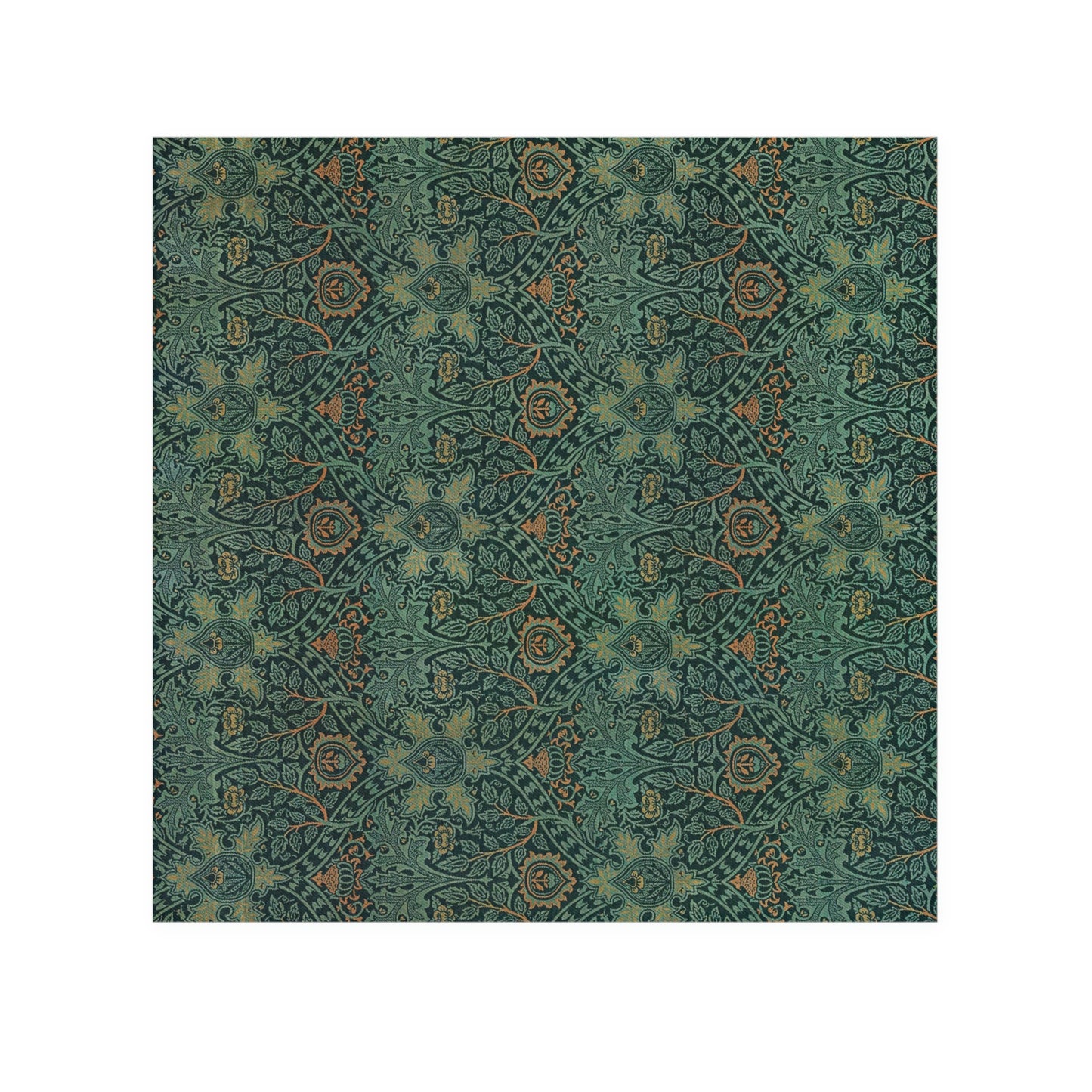 A face cloth with a floral pattern inspired by William Morris, hanging on a towel bar in a bathroom setting.