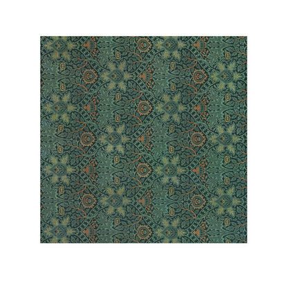 A face cloth with a floral pattern inspired by William Morris, hanging on a towel bar in a bathroom setting.