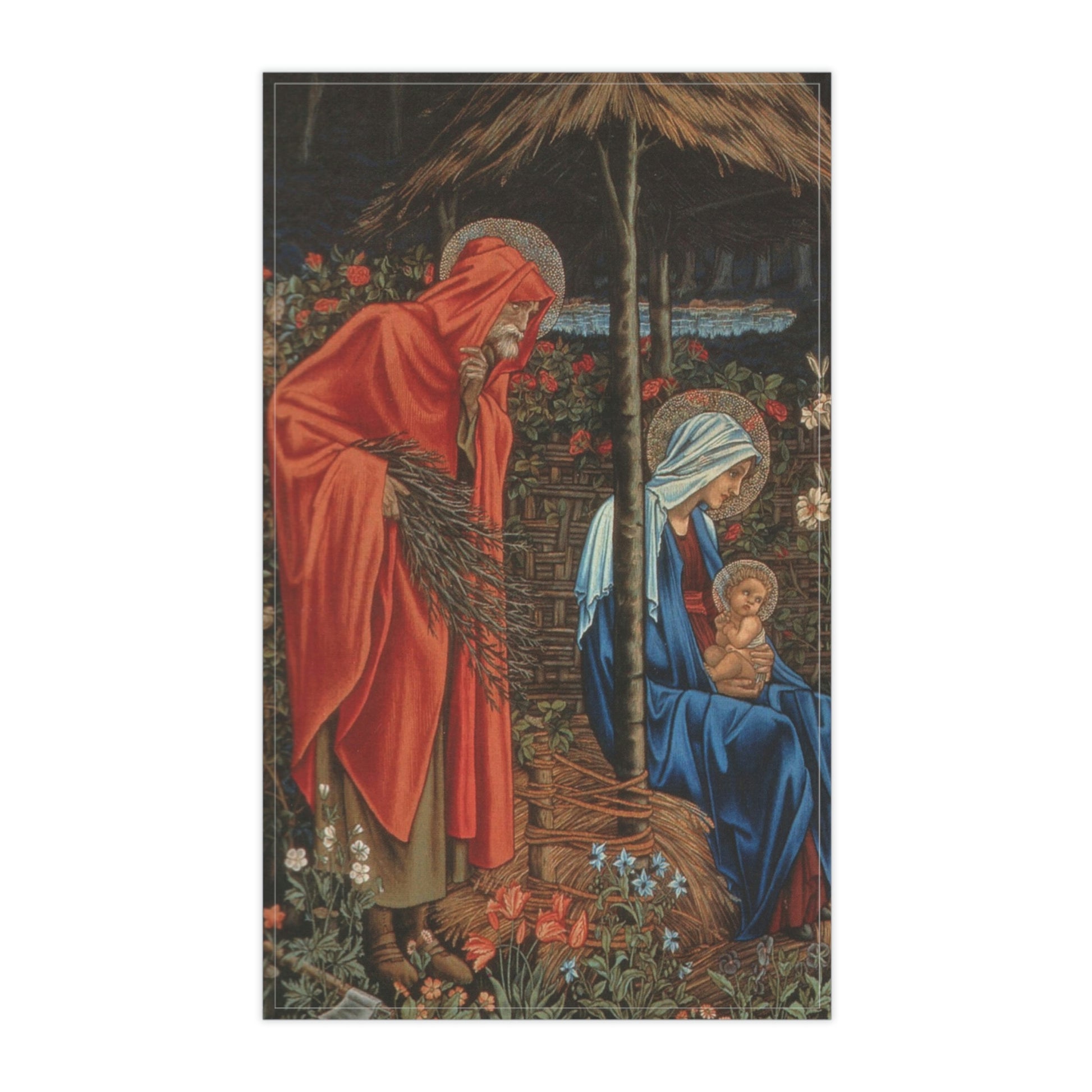 A kitchen tea towel featuring an artistic depiction of a mother and child with a vibrant, multi-coloured design inspired by William Morris.