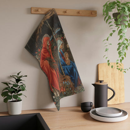 A kitchen tea towel featuring an artistic depiction of a mother and child with a vibrant, multi-coloured design inspired by William Morris.