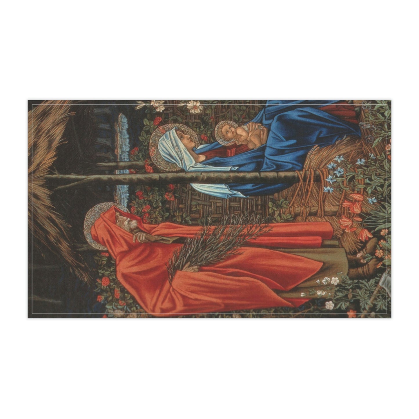 A kitchen tea towel featuring an artistic depiction of a mother and child with a vibrant, multi-coloured design inspired by William Morris.