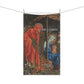 A kitchen tea towel featuring an artistic depiction of a mother and child with a vibrant, multi-coloured design inspired by William Morris.