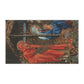 A kitchen tea towel featuring an artistic depiction of a mother and child with a vibrant, multi-coloured design inspired by William Morris.