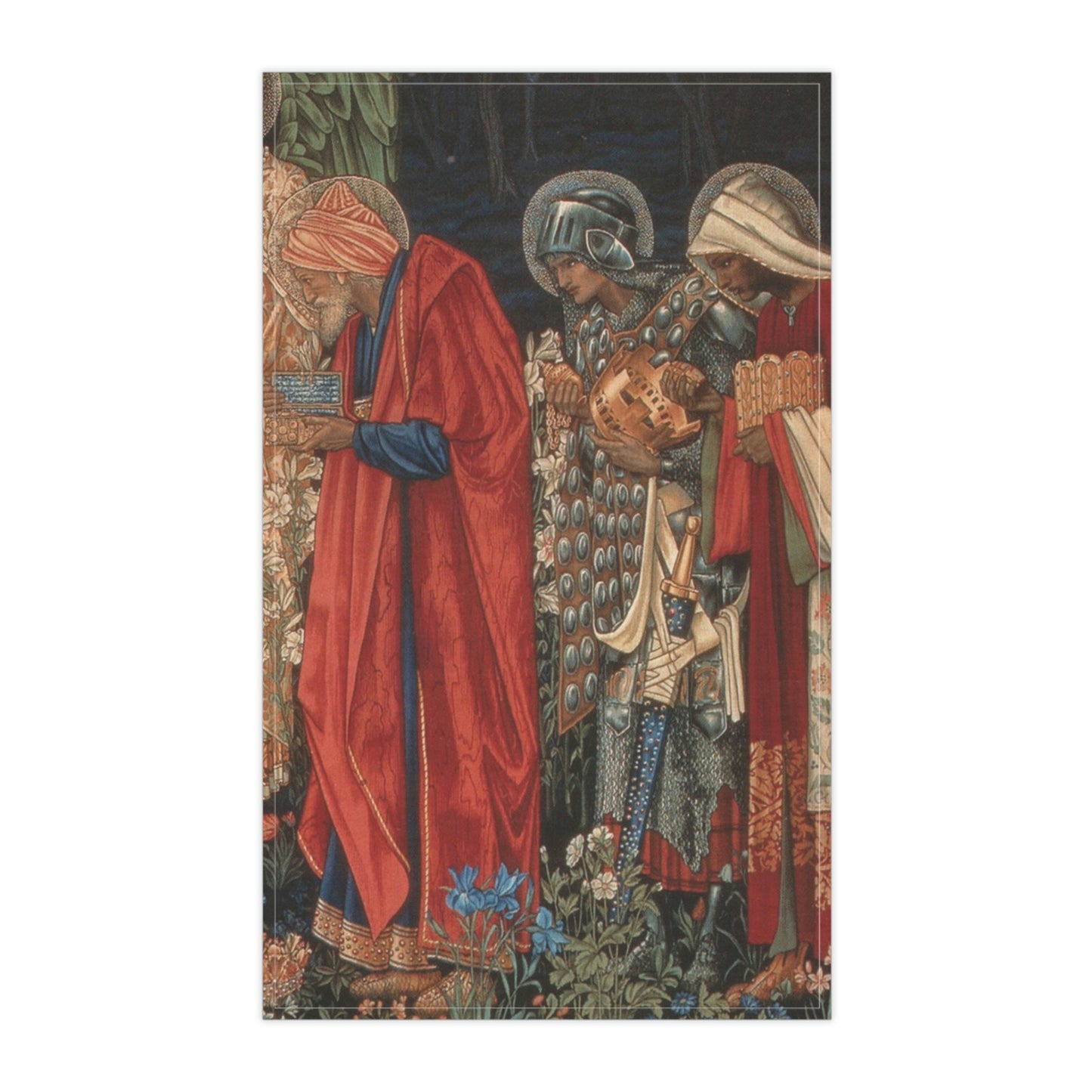 A kitchen tea towel featuring a historical or religious artwork with multiple characters in vibrant colours.
