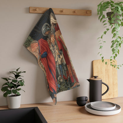 A kitchen tea towel featuring a historical or religious artwork with multiple characters in vibrant colours.