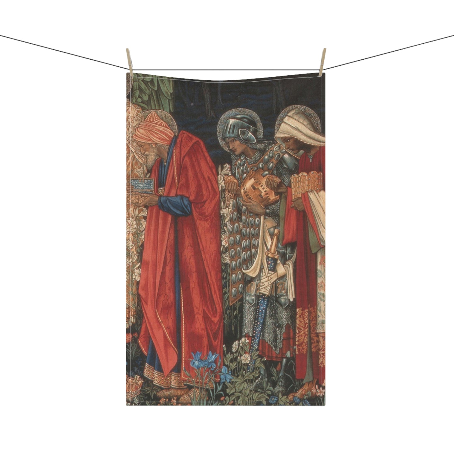 A kitchen tea towel featuring a historical or religious artwork with multiple characters in vibrant colours.