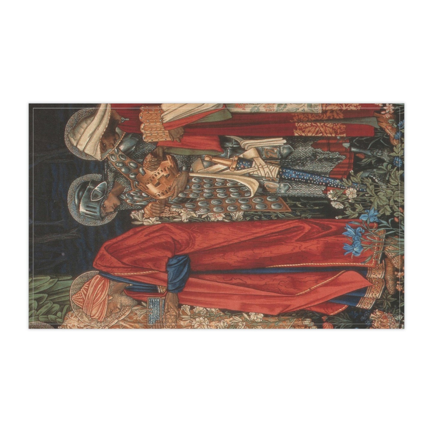 A kitchen tea towel featuring a historical or religious artwork with multiple characters in vibrant colours.