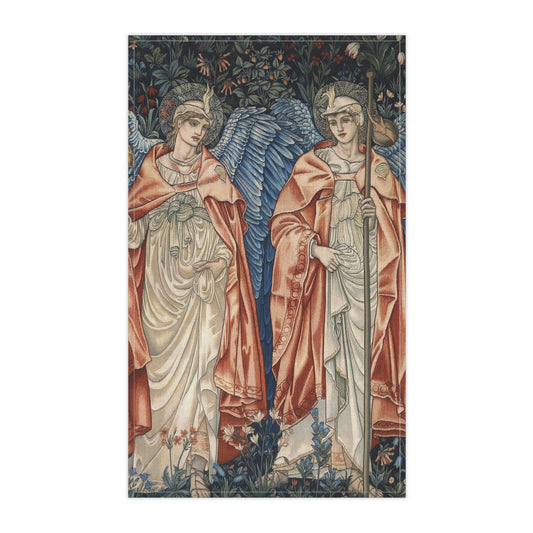Kitchen Tea Towel by William Morris & Co and the artist John Henry Dearle - Angeli Ministrantes Collection in red, blue and gold with two angels