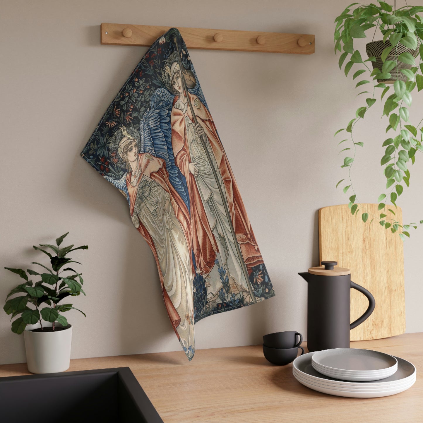Kitchen Tea Towel by William Morris & Co and the artist John Henry Dearle - Angeli Ministrantes Collection in red, blue and gold with two angels