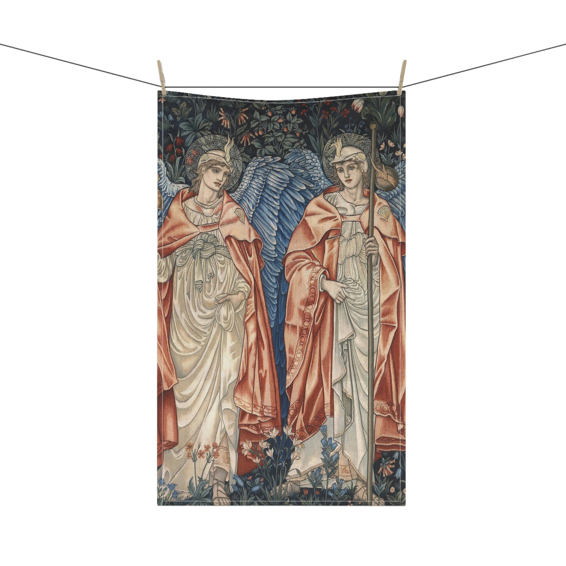 Kitchen Tea Towel by William Morris & Co and the artist John Henry Dearle - Angeli Ministrantes Collection in red, blue and gold with two angels