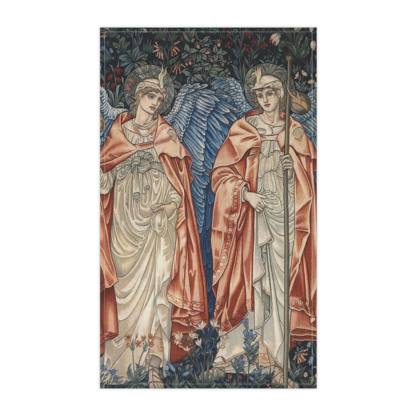 Kitchen Tea Towel by William Morris & Co and the artist John Henry Dearle - Angeli Ministrantes Collection in red, blue and gold with two angels