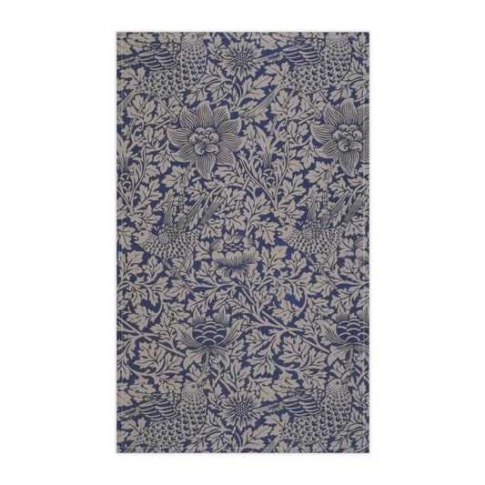 Kitchen Tea Towel inspired by William Morris & Co in a Blue and Grey floral pattern with birds - Bird and Anemone Collection
